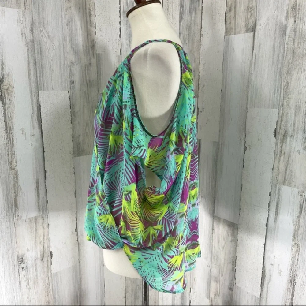 Jennifer‎ Lopez Green Blouse Top Shirt Could Shoulder Tropical Floral Sz S